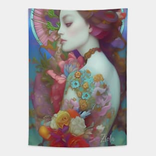 Pretty girl with flowers and roses dreamy surreal tattoo Tapestry