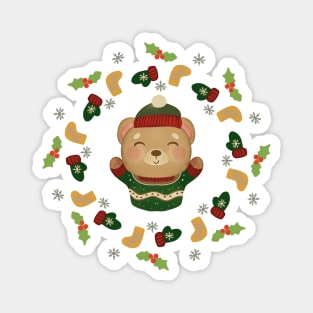 Cozy Winter Teddy Bear Christmas Wreath Magnet