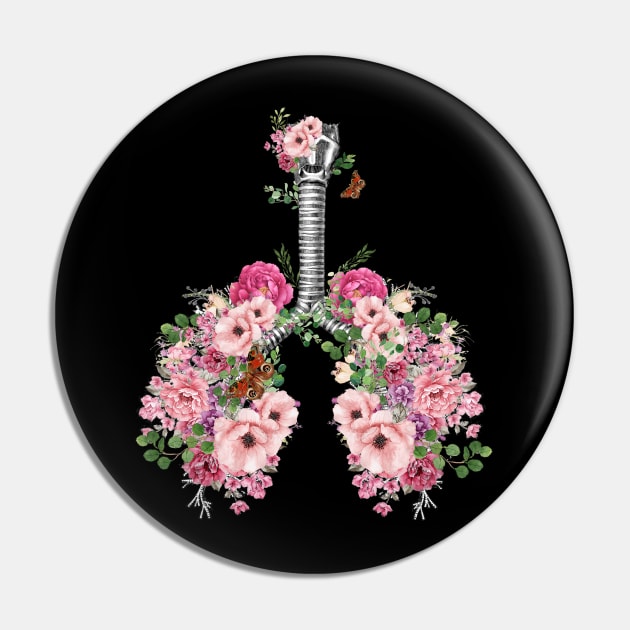 Lung Anatomy, pink roses, Cancer Awareness Pin by Collagedream