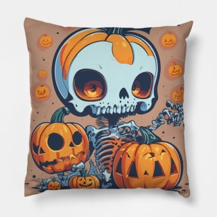 Halloween funny skeleton and orange pumpkin friends Pillow