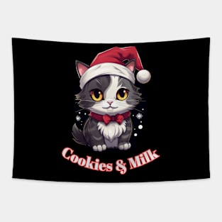 Cookies & Milk - Christmas Cat - Winter Holiday Graphic Quote Tapestry