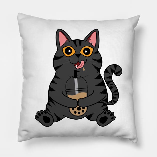 I Love Boba Cat | Grey Tabby Pillow by leBoosh-Designs