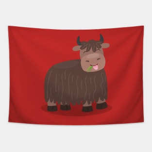 Funny happy yak eating grass cartoon illustration Tapestry