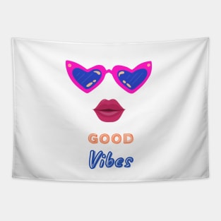 Good Vibes positive wave. Pink Sunglasses and girly Red Lips Tapestry