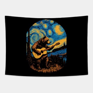 Bear Playing Guitar on a Starry Night Tapestry