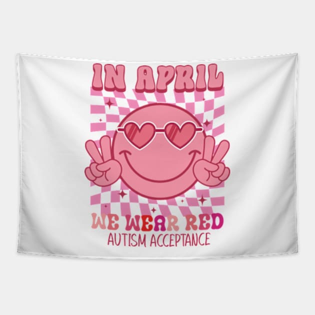 In April We Wear red Groovy autism acceptance Tapestry by RiseInspired