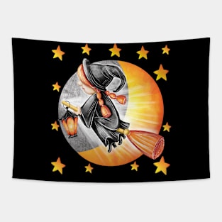 Witch Among the Stars: Halloween Broomstick Flight Tapestry