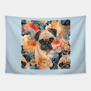 Fawn Pugs in Flowers All Over Tote Bag Tapestry