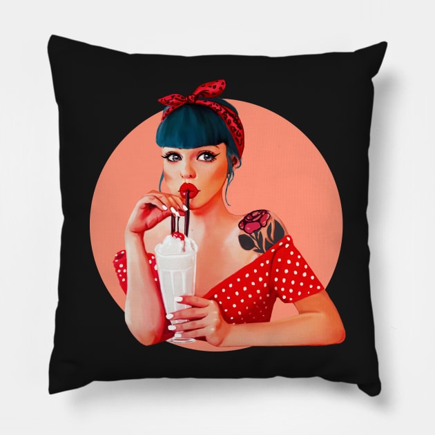 Pin up girl cartoon illustration vintage milkshake sexy woman Pillow by astronauticarte