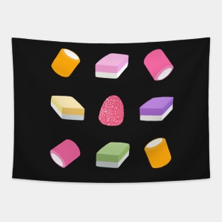 Dolly Mixture Sweets Colourful Pattern on Black Tapestry