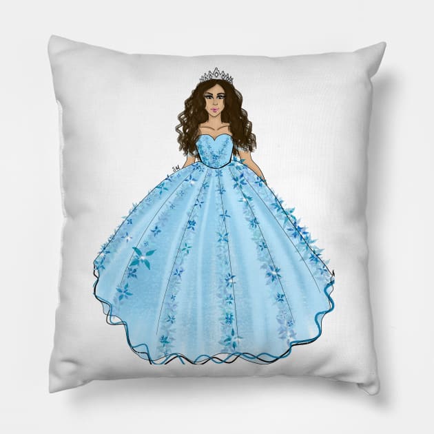 Blue Quinceanera Dress Fashion Illustration Pillow by Susy Maldonado illustrations