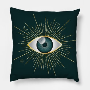 Teal Green Evil Eye Gold Eyelashes Sun Moon Star Nazar Mati Talisman Pillow