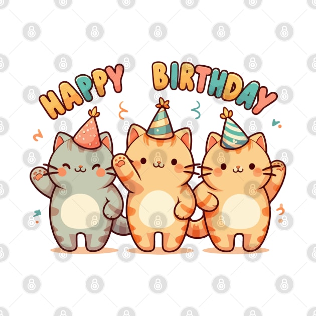 Kawaii Happy Birthday Three Cats Party by TomFrontierArt