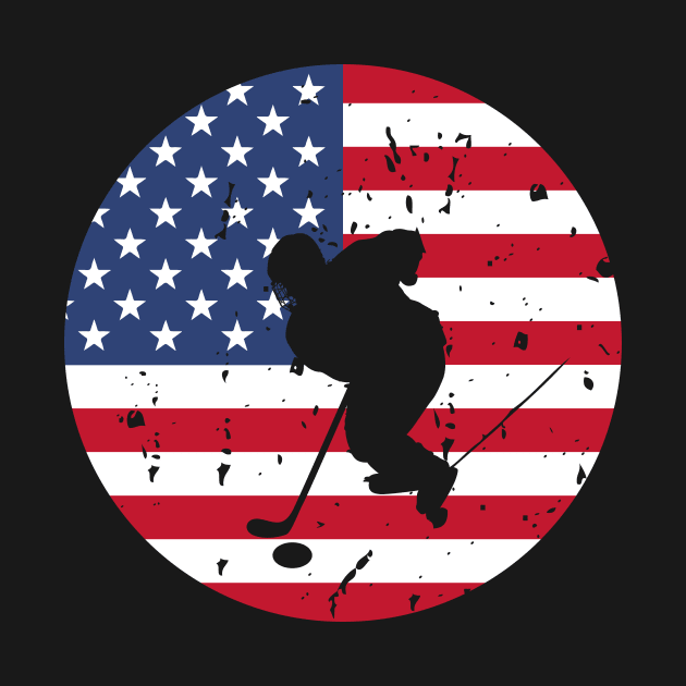 American Flag and Ice Hockey Player Silhouette, A silhouette of an ice hockey player overlaid on a distressed American flag, encapsulating patriotism and sportsmanship. by All About Midnight Co