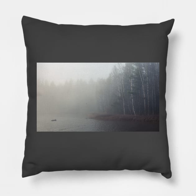 Foggy lake and forest Pillow by Juhku