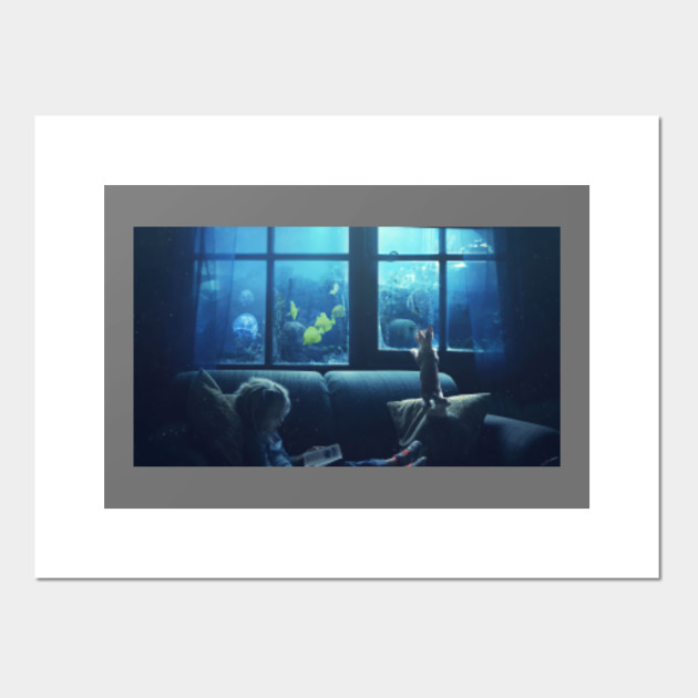 Little Girl Reading Book Cat Manipulation Cat Reading Posters
