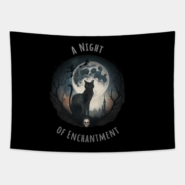 Cute black cat with full moon and witch for Halloween season Tapestry by Collagedream