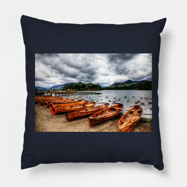 Derwentwater Rowing Boats Before The Storm Pillow by tommysphotos