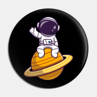 Cute Astronaut Sitting On Planet Waving Pin