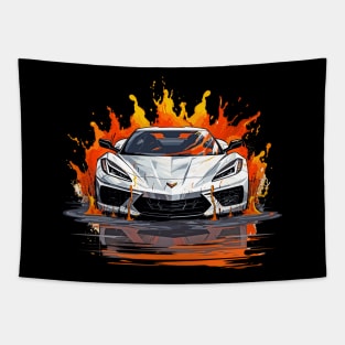 Arctic White C8 Corvette Racecar with Flaming Background Tapestry