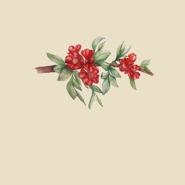 branch of japanese quince with red flowers by Art by Taya 