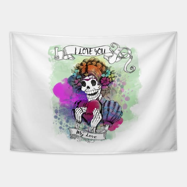 Sugar Skull Love Tapestry by cynthiacabello