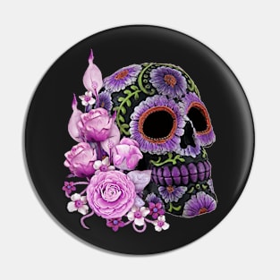 Pink Floral Black Sugar Skull Day Of The Dead Pin