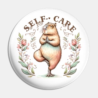 Self-Care Capybara Doing Yoga Among Flowers Pin