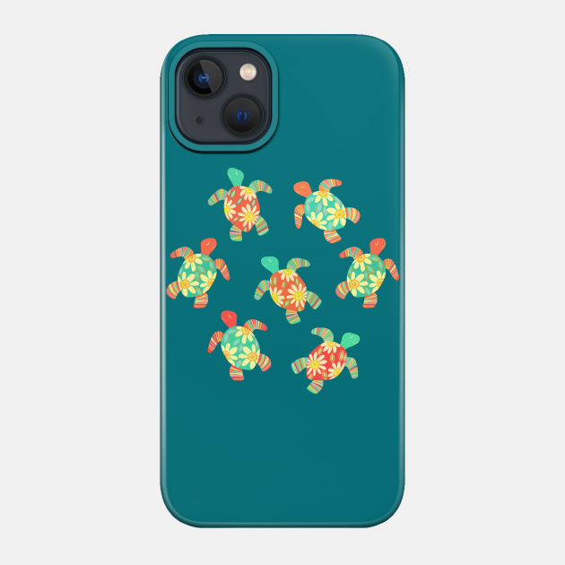 Cute Flower Child Hippy Turtles on Dark - Turtles - Phone Case