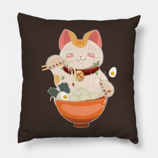 cat eating ramen in bowl Pillow