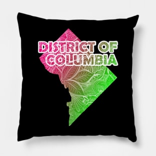 Colorful mandala art map of District of Columbia with text in pink and green Pillow