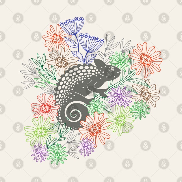 CHAMELEONS JUST WANNA HAVE FUN Cute Reptile Lizard with Rainforest Jungle Flowers in Retro Gray - UnBlink Studio by Jackie Tahara by UnBlink Studio by Jackie Tahara