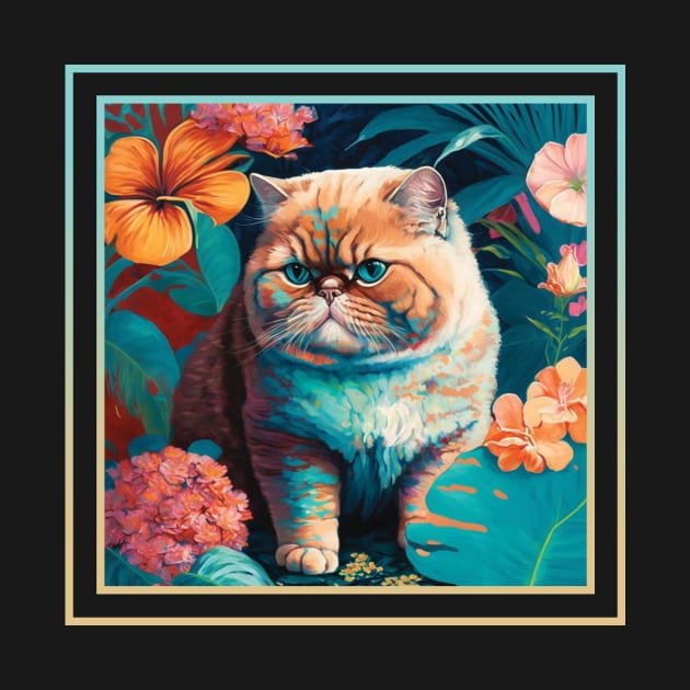 Persnickety Exotic Shorthair Cat Vibrant Tropical Flower Digital Oil Painting Pet Portrait by ArtHouseFlunky