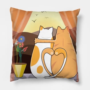 Cat Couple Watching Sunset Pillow