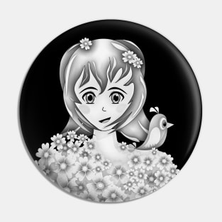 Woman with bird in in cherry blossoms Pin