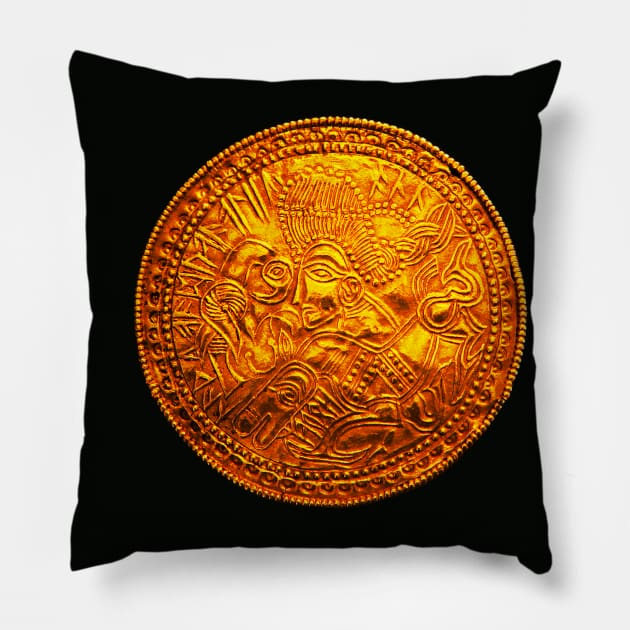 VIKING GOLD COIN WITH KNIGHT ON HORSE AND MAGIC RUNES OF ODIN Pillow by BulganLumini