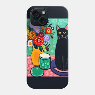 Black Cat with Still Life Flowers in a Yellow Vase Still Life Painting Phone Case