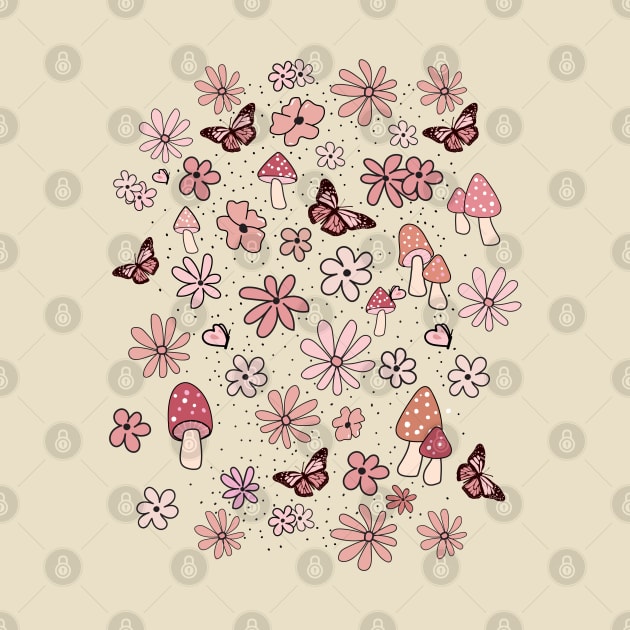 Pink, peach and Blush Pink Flowers Butterflies and Mushrooms Cottagecore Aesthetic by YourGoods