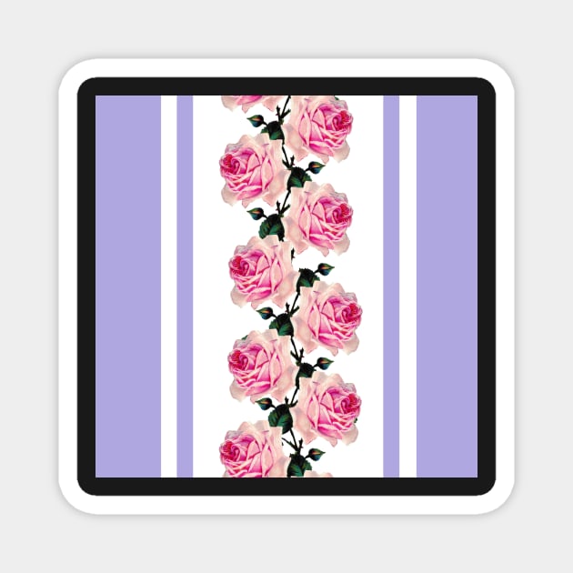 Pink vintage roses and lilac stripes Magnet by bettyretro