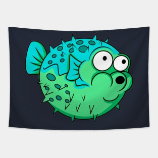 blue and green puffer fish with big eyes porcupine Tapestry