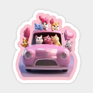 Happy cats in a pink car driving to valentines cat parade. Magnet