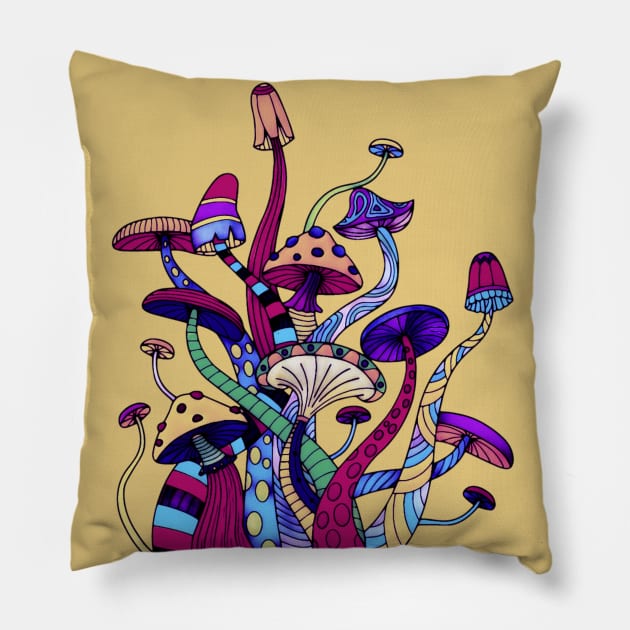 Colorful Bohemian Retro Mushrooms Hippy Design Pillow by AlondraHanley