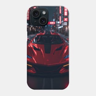 Dark Red Sports Car in Japanese Neon City Phone Case