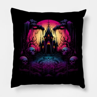 Gothic Castle Skulls  Castle Neon Colors Design Pillow