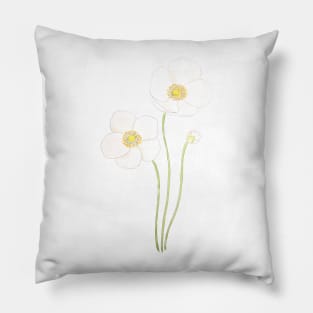 2 white anemone flowers  in and watercolor Pillow