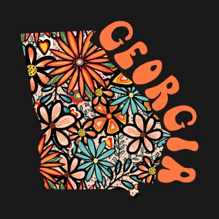 Georgia State Design | Artist Designed Illustration Featuring Georgia State Outline Filled With Retro Flowers with Retro Hand-Lettering T-Shirt