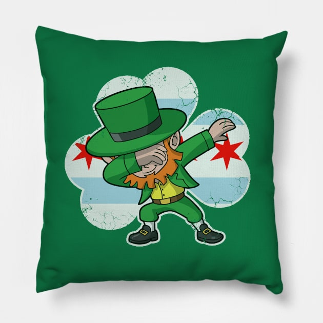 Chicago Flag Irish Shamrock Dabbing Leprechaun Pillow by E