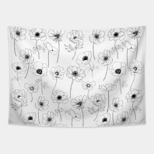 Poppies Line Art Flowers Pattern Black And White Tapestry