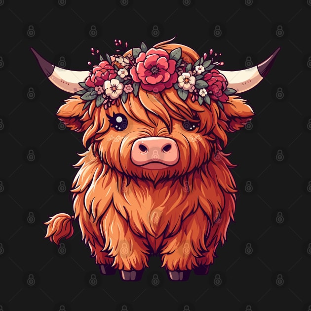 Kawaii scottish highland cow with flower crown by TomFrontierArt