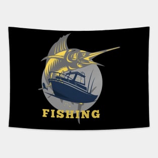 marlin fishing and boat yellow Tapestry